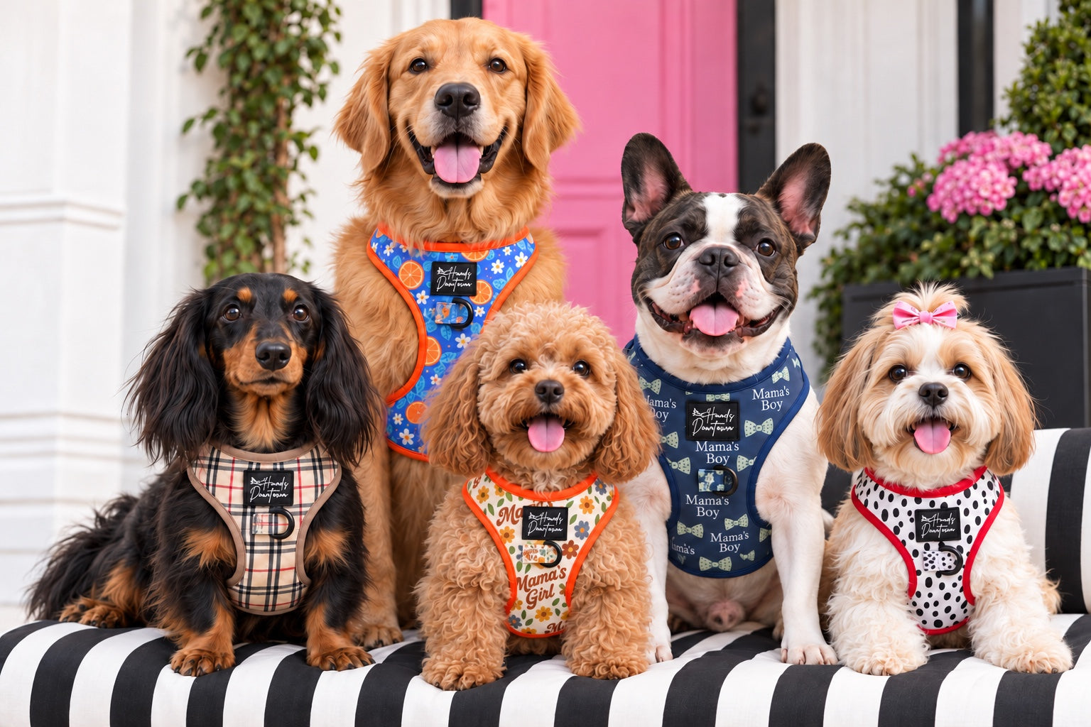 Five dogs in their original Hounds Downtown harnesses on a black and white striped bench